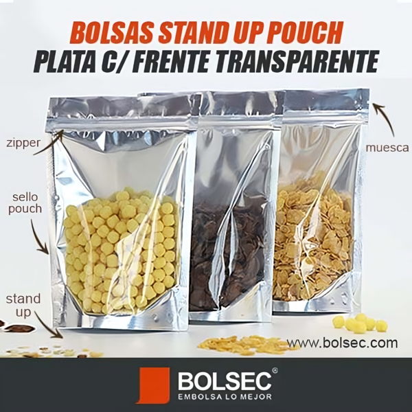 bolsas stand up pouch plata con frente transparente Bolsec